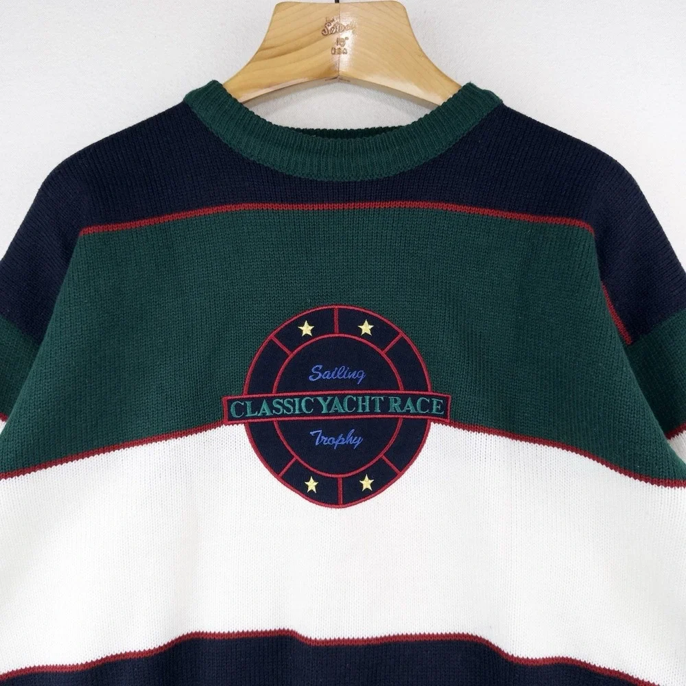 90's Vtg Embroidered Classic Yacht Club Racing Sweater Acrylic Color Block